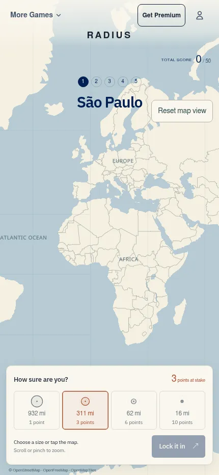 Radius at phone size, 20 Oct 2026: round 1 of 5 asks for São Paulo on an unlabelled world map, with circle sizes from 932 mi for 1 point to 16 mi for 10 points
