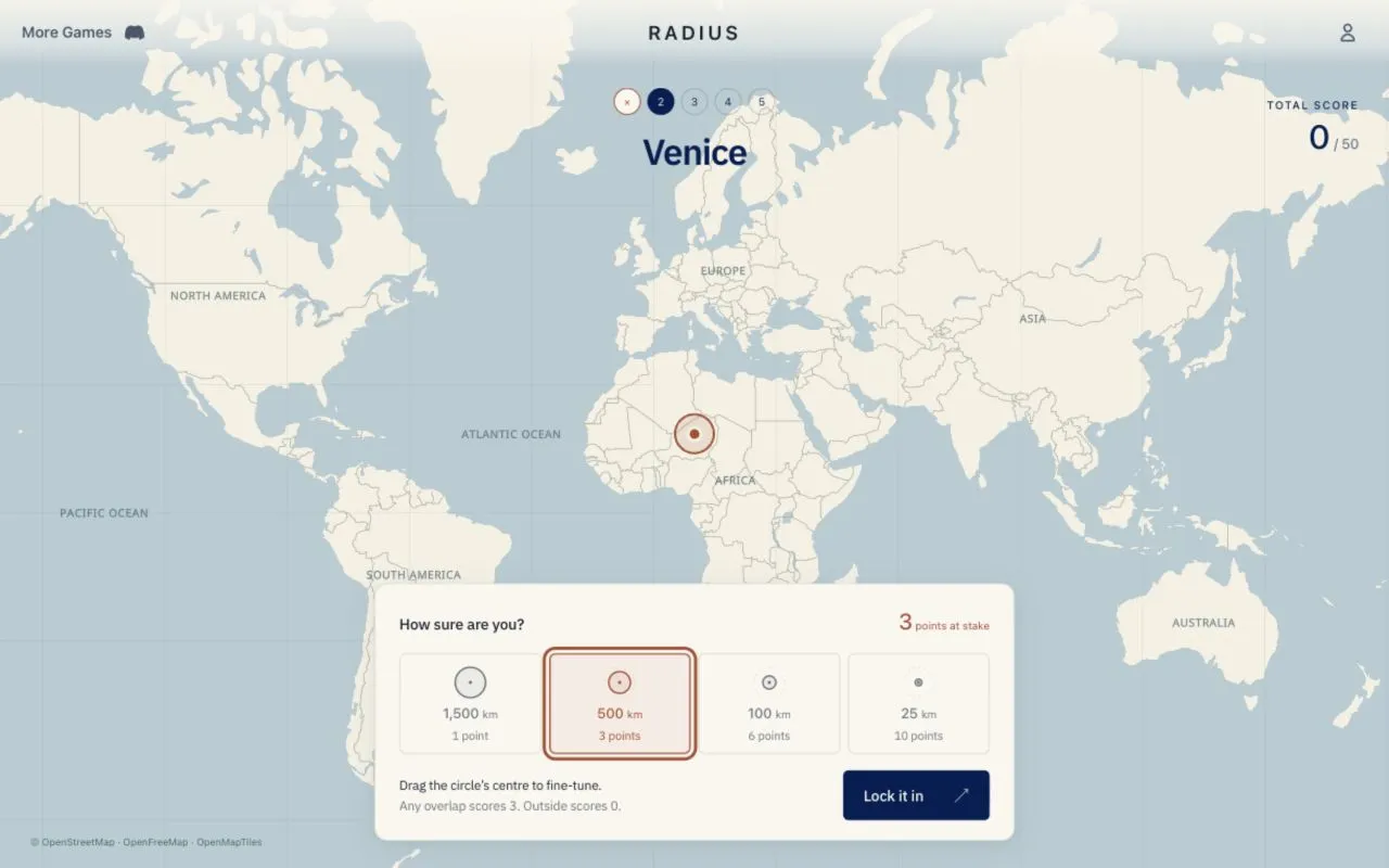 Radius at desktop size: round 2 asks for Venice on a world map, with a circle over Africa and sizes in kilometres from 1,500 km to 25 km