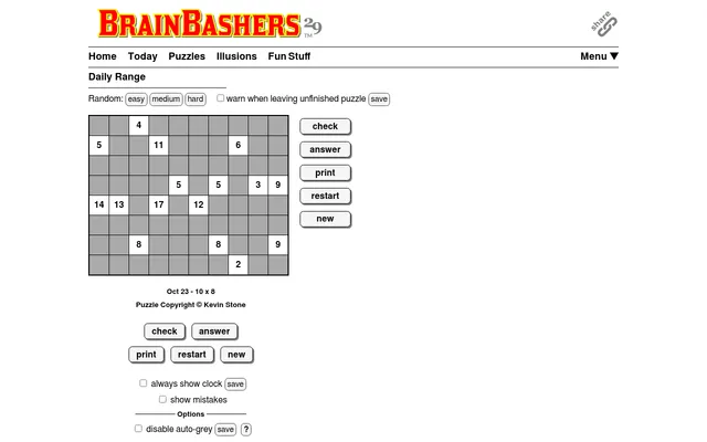 BrainBashers Daily Range for 23 October, the 10x8 Medium grid: grey squares with white numbered clues such as 17, 14 and 12, beside check, answer, print, restart and new buttons