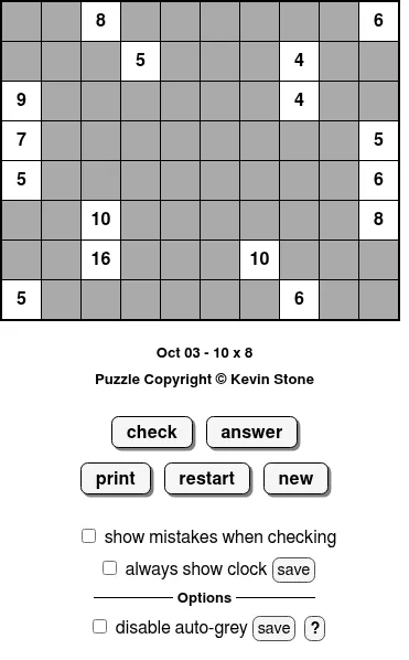 BrainBashers Range for 3 October, 10x8: a grey grid with white numbered squares such as 16, 10 and 9 that count the squares they can see