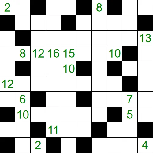 A solved example Range puzzle from PuzzleMadness's rules: a 10x10 grid of white cells with scattered black cells and green number clues