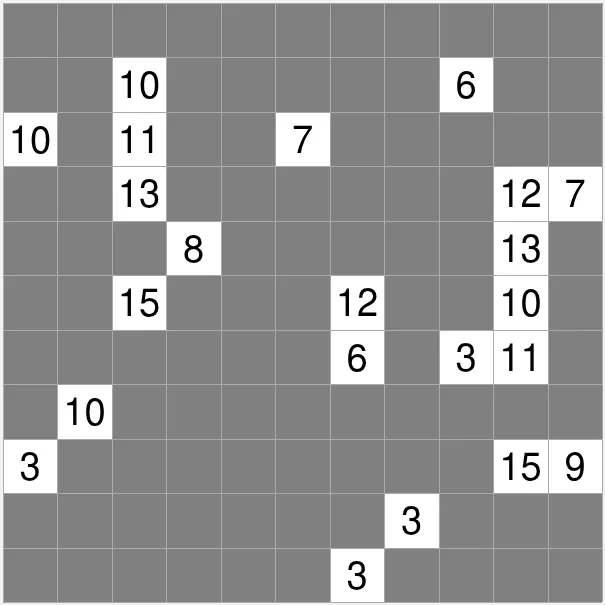 Today's Medium Range puzzle on PuzzleMadness for 30 October 2026: an 11x11 grid of grey undecided cells with white numbered clue cells from 3 to 15