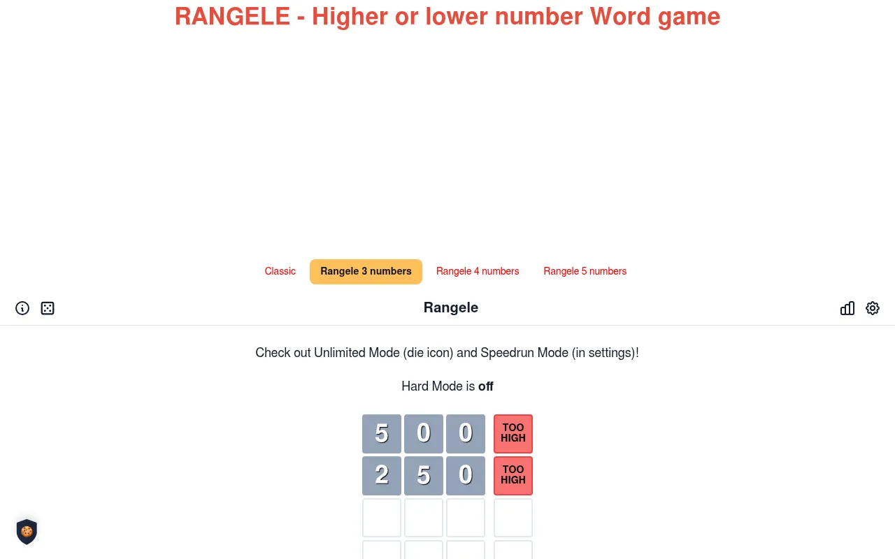 Rangele in a desktop browser: guesses 500 and 250 in grey digits, each marked too high, with the 3, 4 and 5 number tabs above