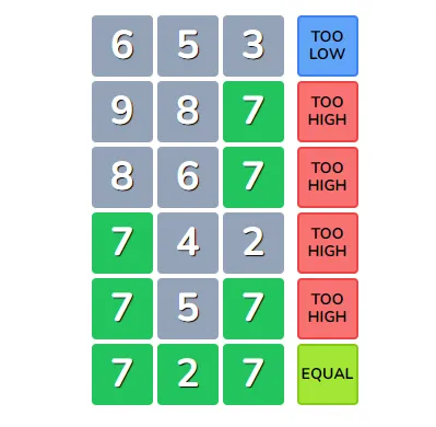 A Rangele board: six rows of three-digit guesses with green digits and too high or too low hints