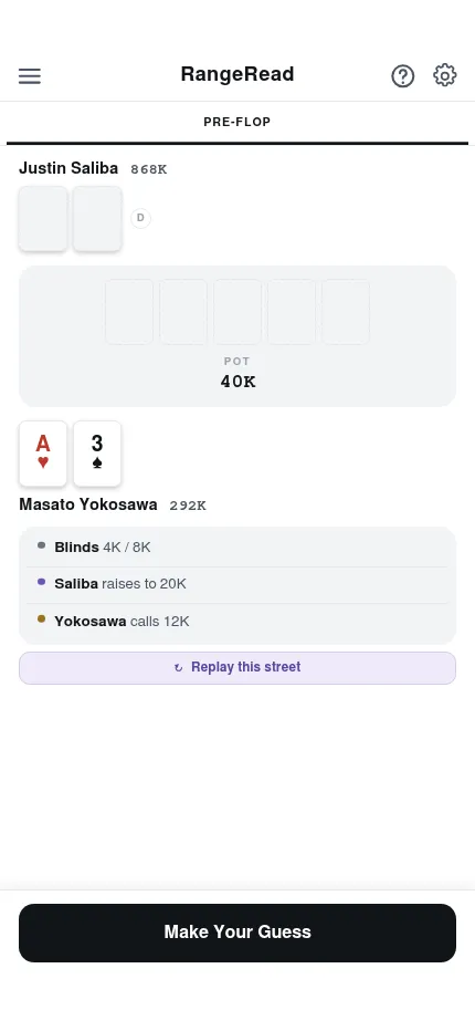 RangeRead at phone size: the same pre-flop hand with the opponent's hidden cards, the pot, the hero's cards, the betting log and the Make Your Guess button