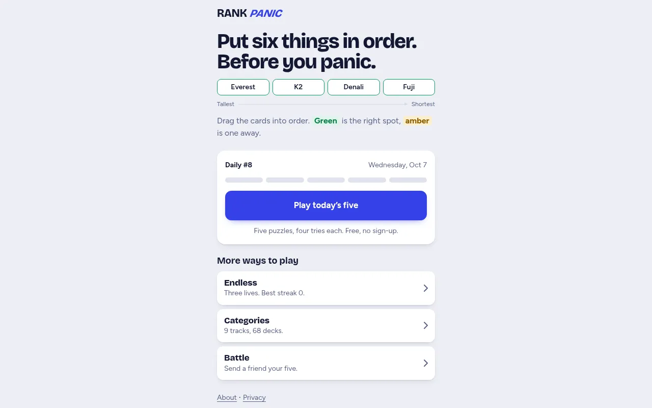 Rank Panic home page with Daily #8 for Wednesday, Oct 7, a Play today's five button and the Endless, Categories and Battle modes