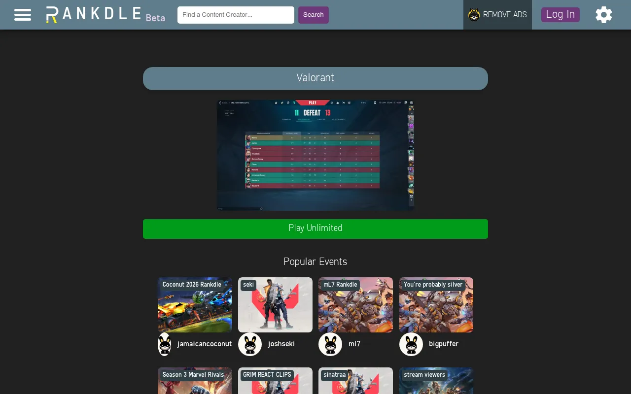 Rankdle's Valorant page: a match scoreboard from a submitted clip above the Play Unlimited button and the popular live events