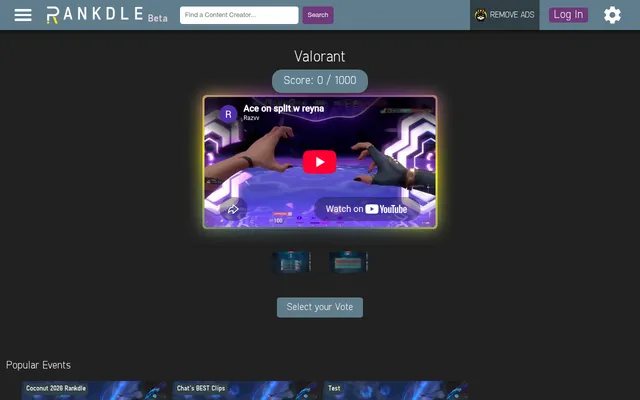 Rankdle's Valorant daily on 26 October 2026: the first clip, an ace on Split with Reyna, at score 0 of 1000, two more clips below and the Select your Vote button