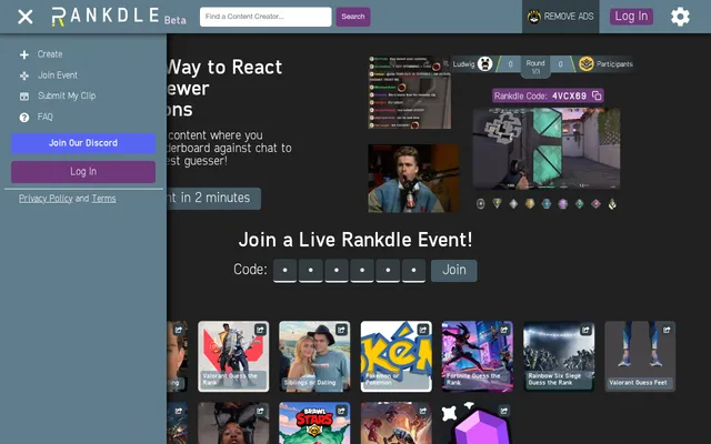 Rankdle home page: a Valorant guess-the-rank round with the clip above a row of rank badges, and tiles for the daily games below