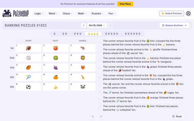 Ranking Puzzles #1022 for Oct 18, 2026, four-bulb level: a five-row table of sport, fruit and animal entries beside nine position clues, on a desktop browser