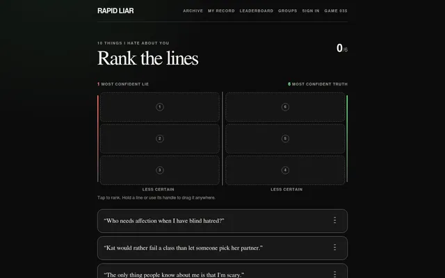 Rapid Liar game 035 on 10 Things I Hate About You: the Rank the lines board with slots 1 to 3 for lies and 4 to 6 for truths, above the first quotes to rank