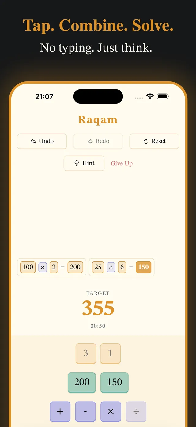 Raqam in play: steps 100 x 2 = 200 and 25 x 6 = 150 above the target 355, with tiles 3, 1, 200 and 150 and the operator buttons