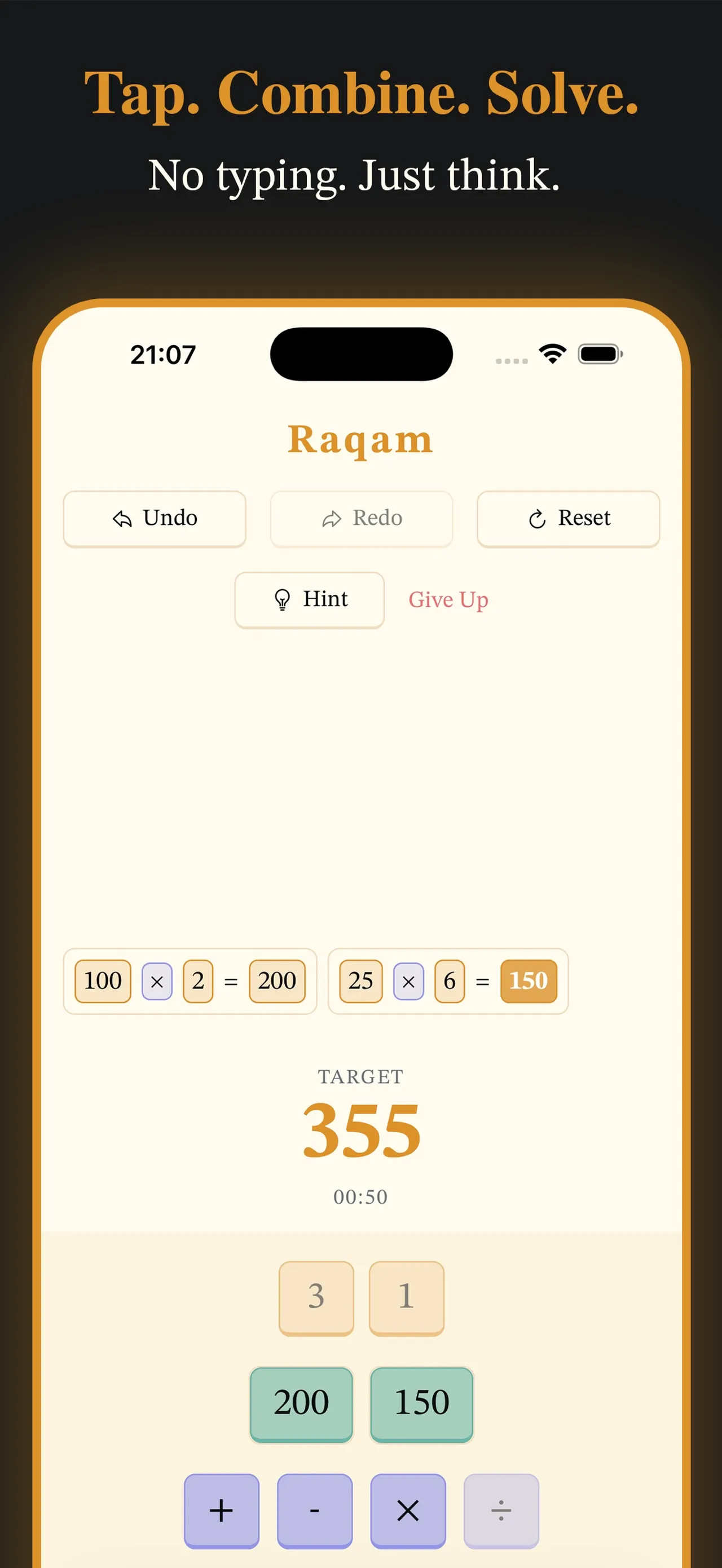 Raqam in play: steps 100 x 2 = 200 and 25 x 6 = 150 above the target 355, with tiles 3, 1, 200 and 150 and the operator buttons