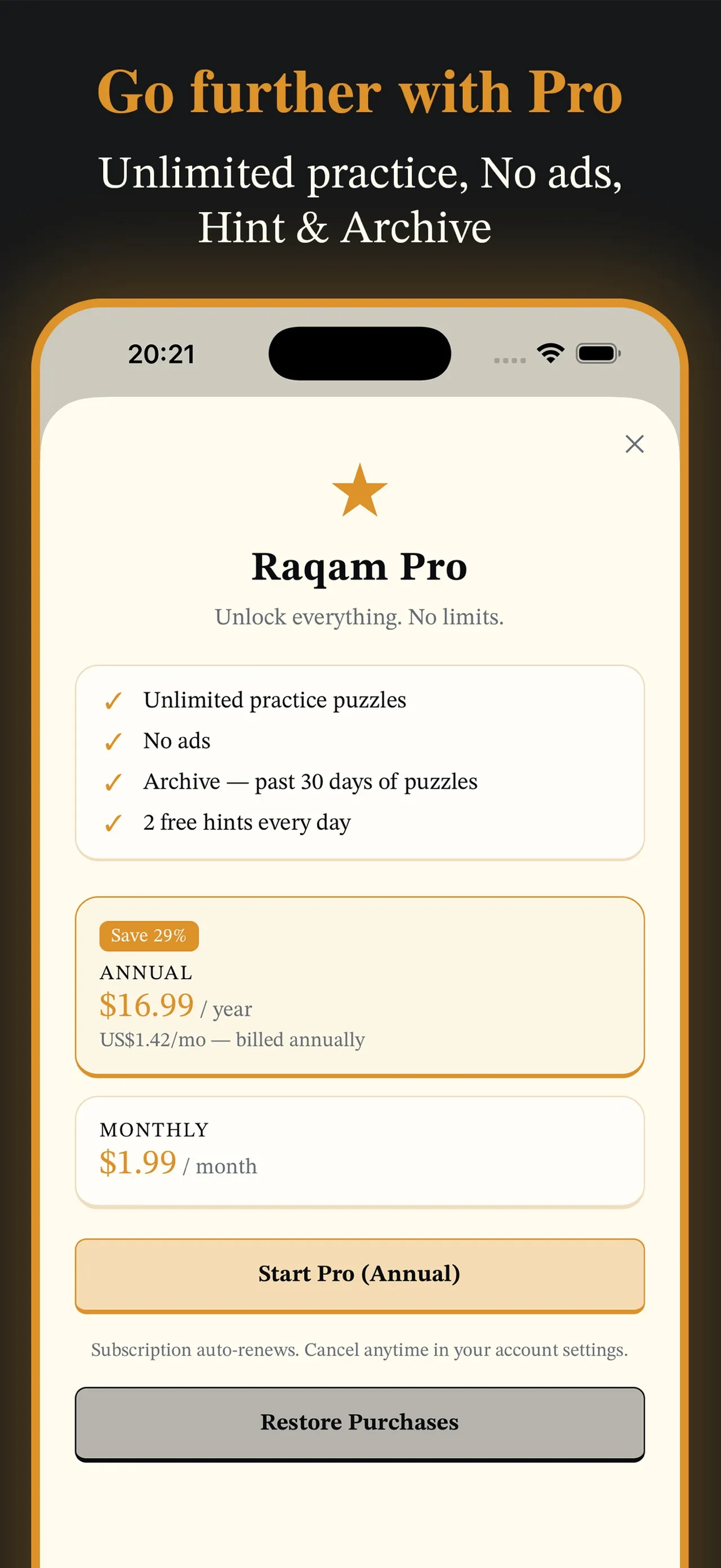 Raqam Pro screen: unlimited practice, no ads, a 30-day archive and two free hints a day for $16.99 a year or $1.99 a month