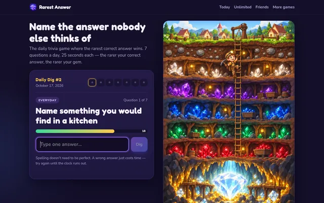 Rarest Answer's Daily Dig #2 on October 17, 2026: question 1 of 7, Name something you would find in a kitchen, with the timer and answer box beside the gem mine art