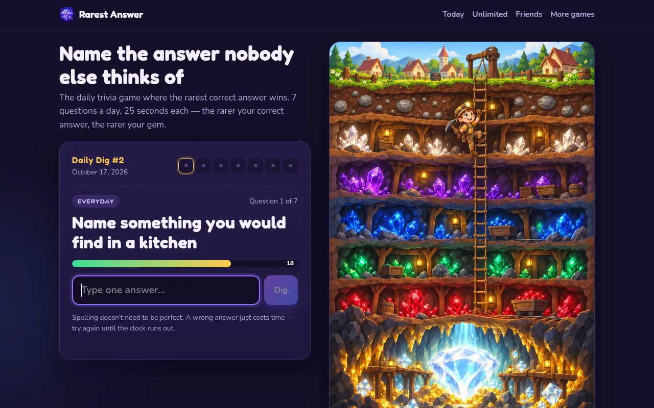 Rarest Answer's Daily Dig #2 on October 17, 2026: question 1 of 7, Name something you would find in a kitchen, with the timer and answer box beside the gem mine art