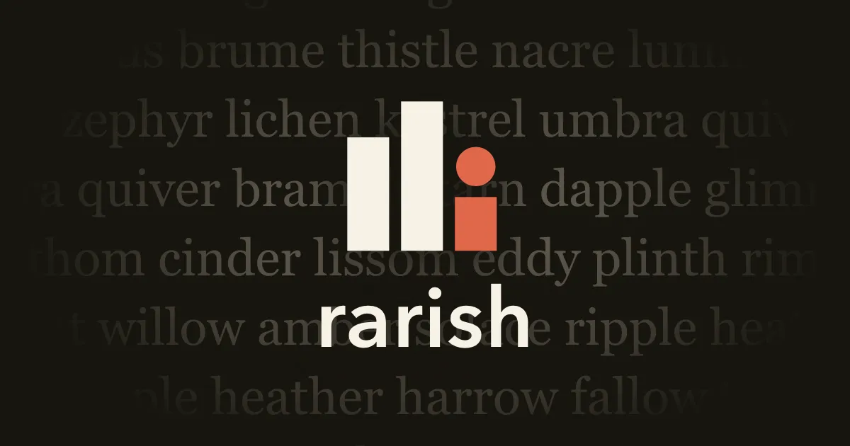 Rarish's own art: its bar chart logo with an orange i and the word rarish over a dark background of faded words