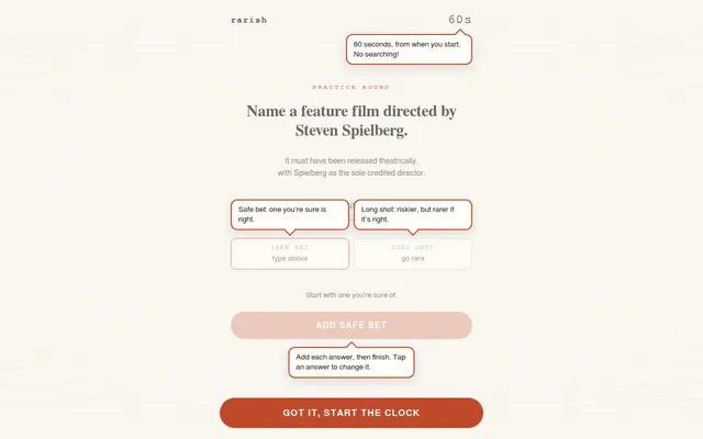 A Rarish practice round: the question Name a feature film directed by Steven Spielberg, a 60 second timer, and Safe bet and Long shot answer boxes