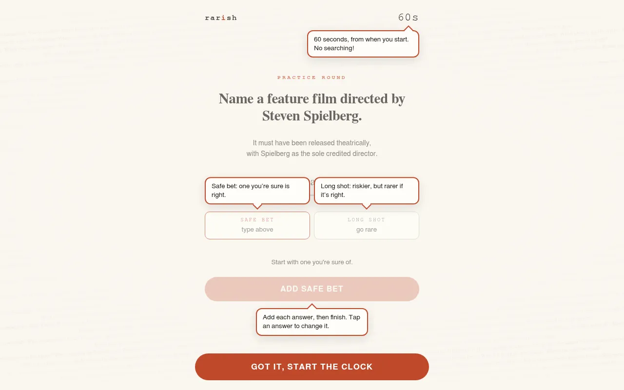 A Rarish practice round: the question Name a feature film directed by Steven Spielberg, a 60 second timer, and Safe bet and Long shot answer boxes