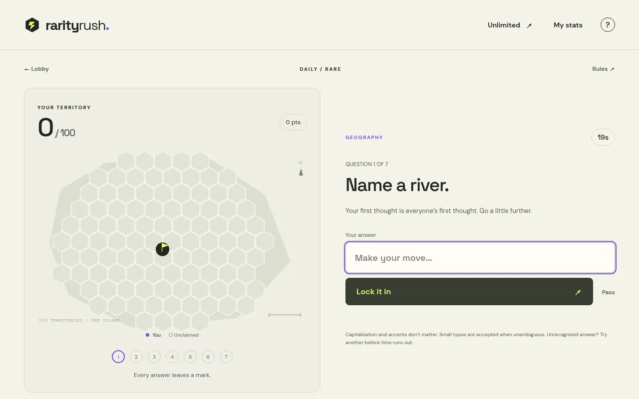 Rarity Rush daily Rare run: question 1 of 7, Name a river, beside an empty 100-hexagon island
