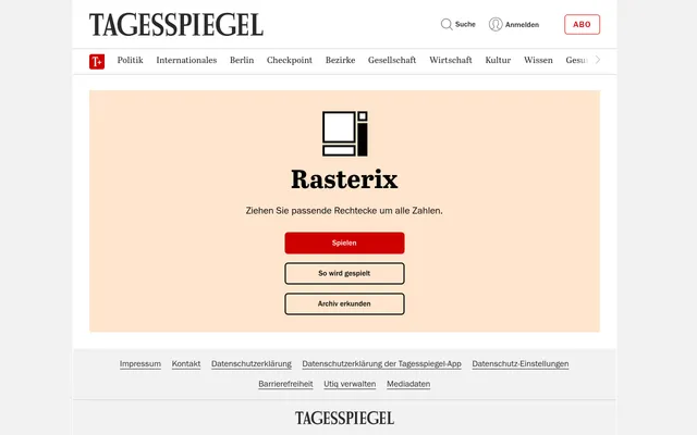 Rasterix start screen in the Tagesspiegel games section with the instruction Ziehen Sie passende Rechtecke um alle Zahlen (draw matching rectangles around all the numbers) and buttons to play, see how