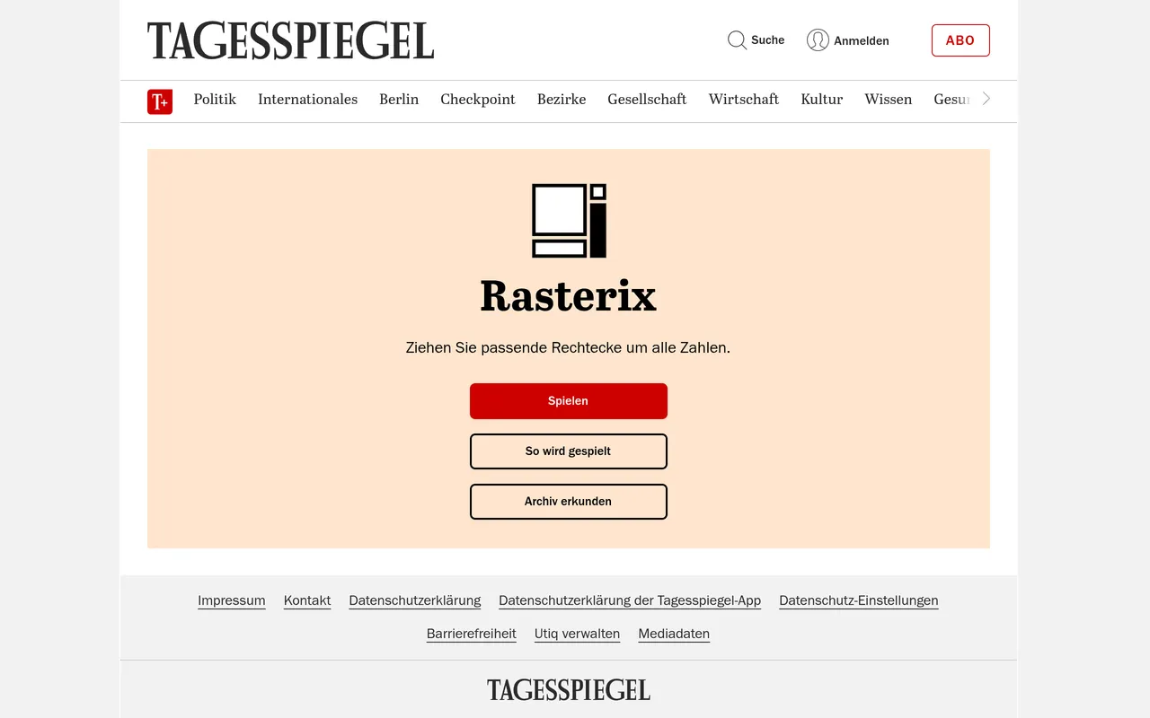 Rasterix start screen in the Tagesspiegel games section with the instruction Ziehen Sie passende Rechtecke um alle Zahlen (draw matching rectangles around all the numbers) and buttons to play, see how
