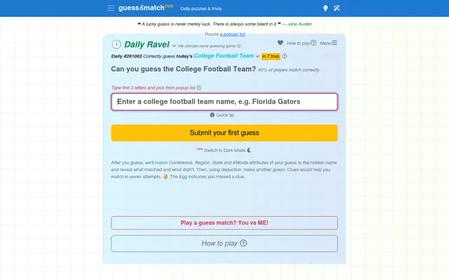 The Daily Ravel #261003 page on guess&match: Can you guess the College Football Team? in 7 tries, with the team name box, the Submit your first guess button and a note that Conference, Region, State a