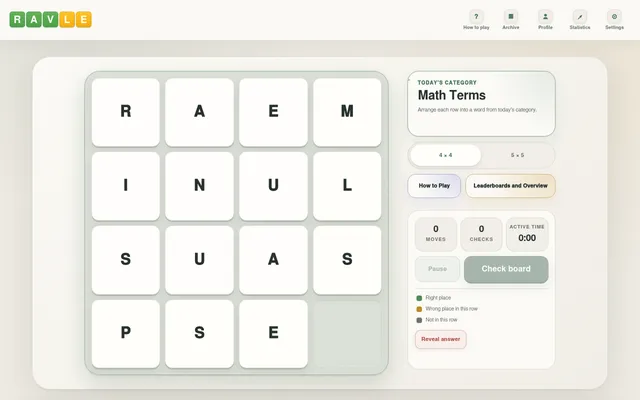 Ravle 4x4 board with the category Math Terms: rows of letter tiles R A E M, I N U L, S U A S and P S E with one blank, beside move and check counters