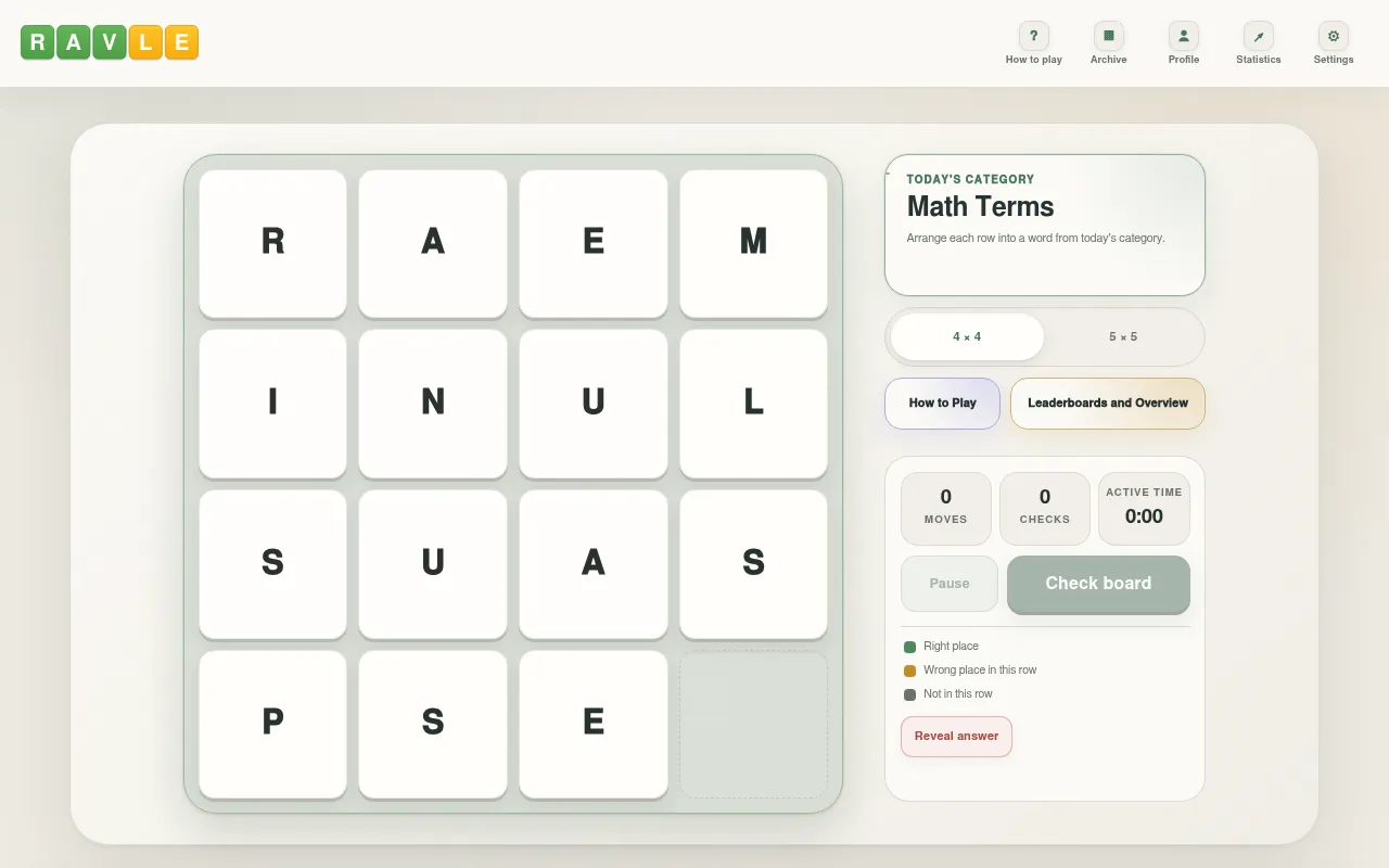 Ravle 4x4 board with the category Math Terms: rows of letter tiles R A E M, I N U L, S U A S and P S E with one blank, beside move and check counters