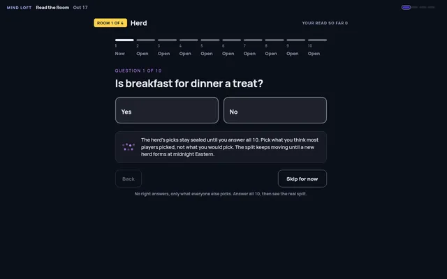 Read the Room's first room, Herd: question 1 of 10, 'Is breakfast for dinner a treat?', with Yes and No buttons