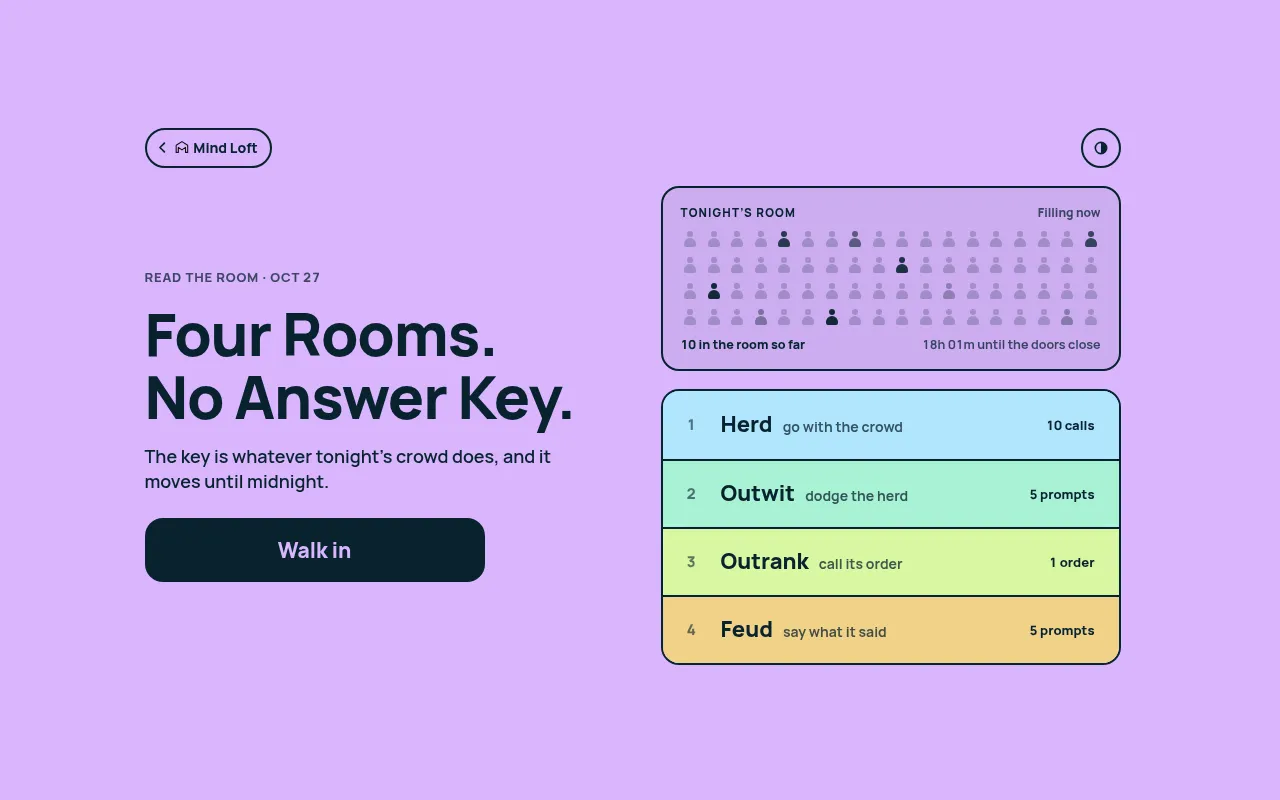 Read the Room start screen for 27 Oct 2026 listing its four rooms, Herd, Outwit, Outrank and Feud, beside a count of tonight's players