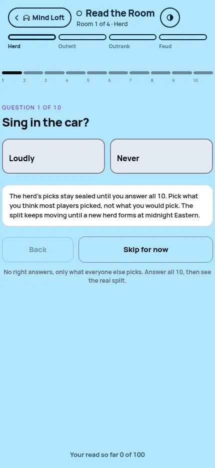 Read the Room at phone size on 27 Oct 2026: Herd's first question, 'Sing in the car?', with its two answer buttons
