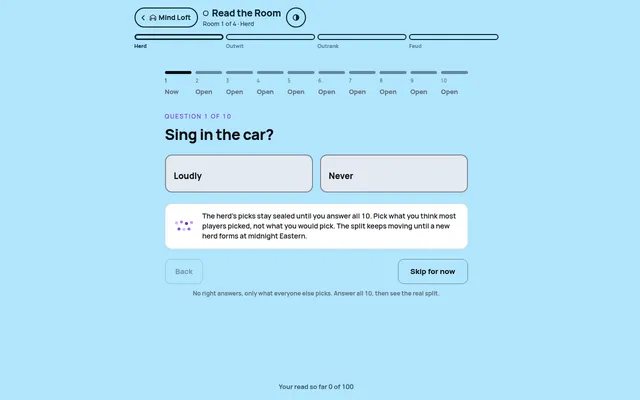 Read the Room on 27 Oct 2026, Room 1 Herd: question 1 of 10, 'Sing in the car?', with Loudly and Never to pick, and the four rooms shown as a progress bar