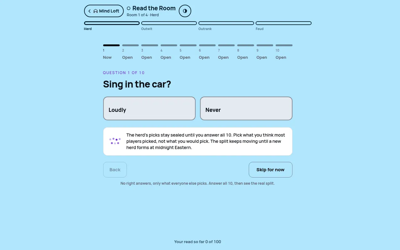 Read the Room on 27 Oct 2026, Room 1 Herd: question 1 of 10, 'Sing in the car?', with Loudly and Never to pick, and the four rooms shown as a progress bar