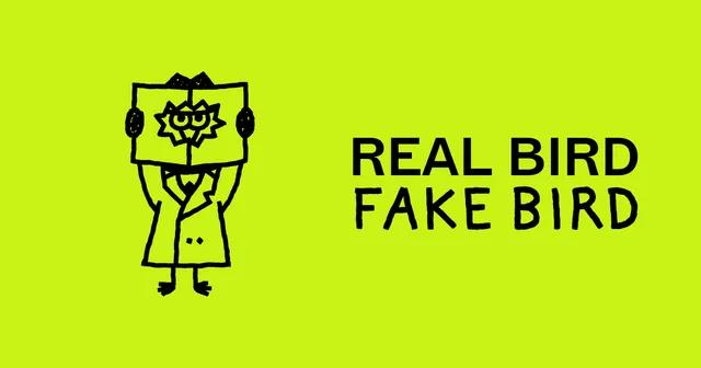 The Real Bird Fake Bird card: a cartoon figure in a trench coat holding up a bird picture