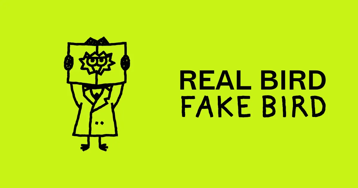 The Real Bird Fake Bird card: a cartoon figure in a trench coat holding up a bird picture