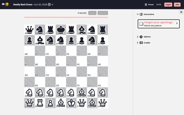 Really Bad Chess on Puzzmo for 20 Oct 2026 at desktop size: white has four queens and a row of knights, black has rooks, knights and pawns, beside the goals panel