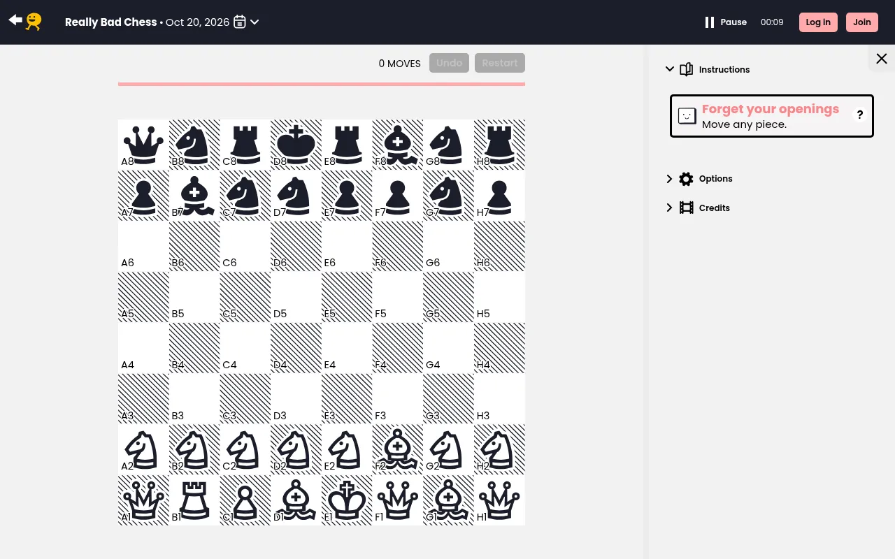 Really Bad Chess on Puzzmo for 20 Oct 2026 at desktop size: white has four queens and a row of knights, black has rooks, knights and pawns, beside the goals panel