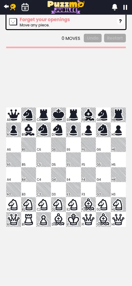 The same day's Really Bad Chess board at phone size, with the first goal, Forget your openings, above the board