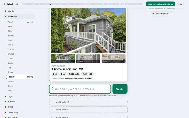 Realtor on Mind Loft, October 17, 2026: a listing card for a 1907 home in Portland, OR with curb, kitchen and inside photos, and three guess slots worth up to 10, 6 and 3