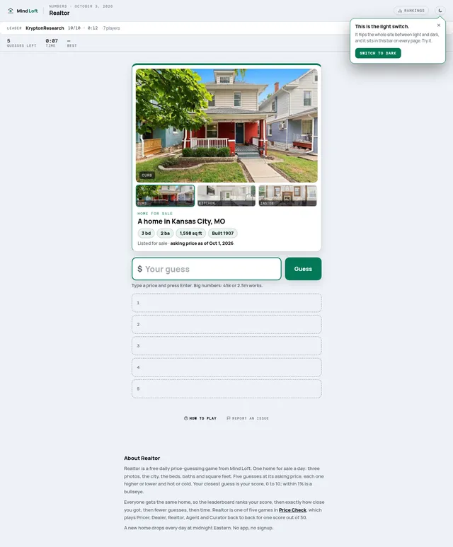 Realtor on Mind Loft for October 3, 2026: a listing card for a home in Kansas City, MO with a curb photo of a two-storey house with a red porch, kitchen and inside thumbnails, 3 bd, 2 ba, 1,598 sq ft,