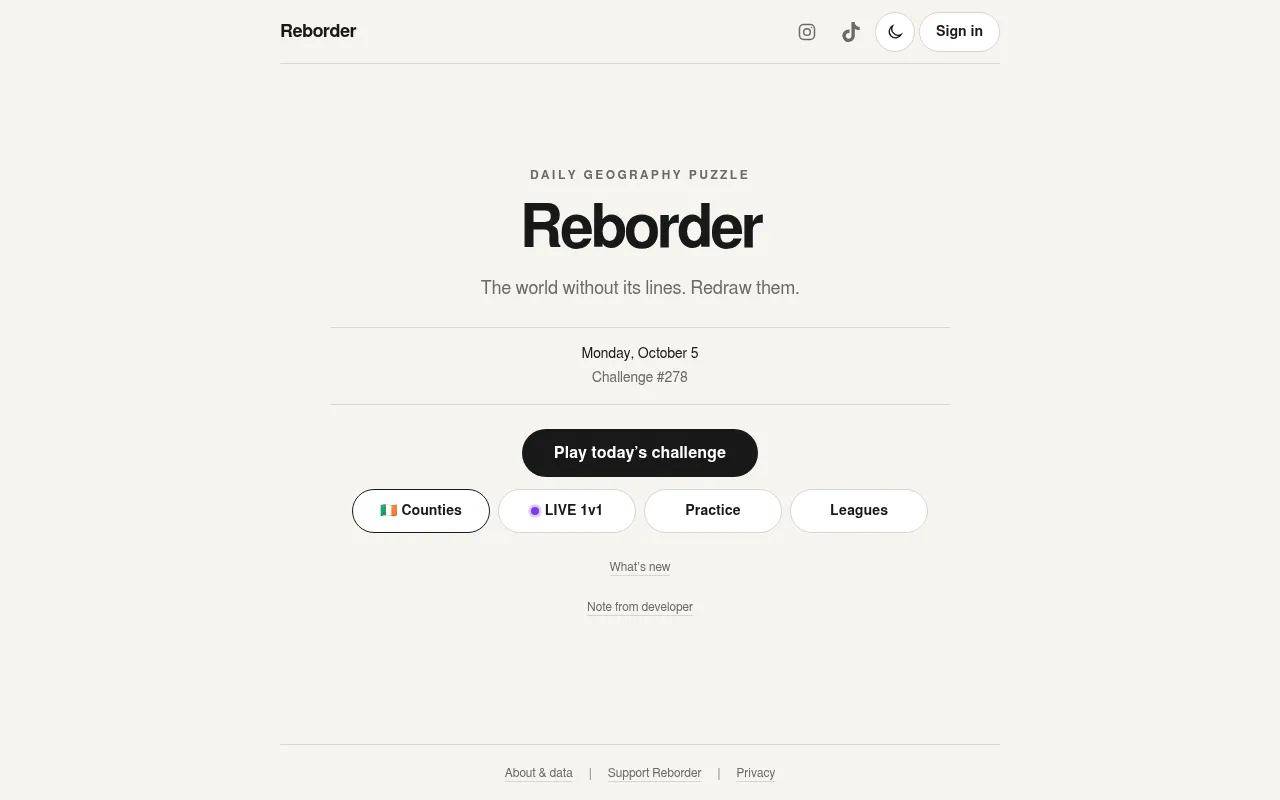 The Reborder home page for Monday, October 5, Challenge #278, with buttons for today's challenge, counties, live 1v1, practice and leagues