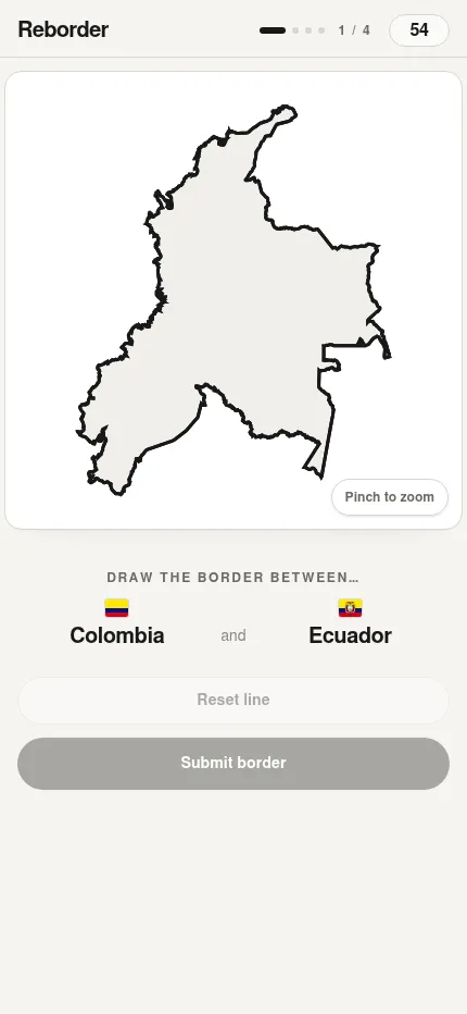 The same Reborder round on a phone: the Colombia and Ecuador outline above the country names, with a Pinch to zoom button