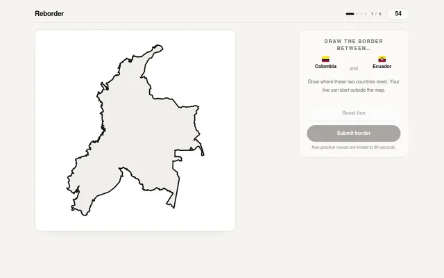 Round 1 of 4 of Reborder's October 18 challenge: the blank joined outline of Colombia and Ecuador, with the timer at 54 seconds and the Submit border button