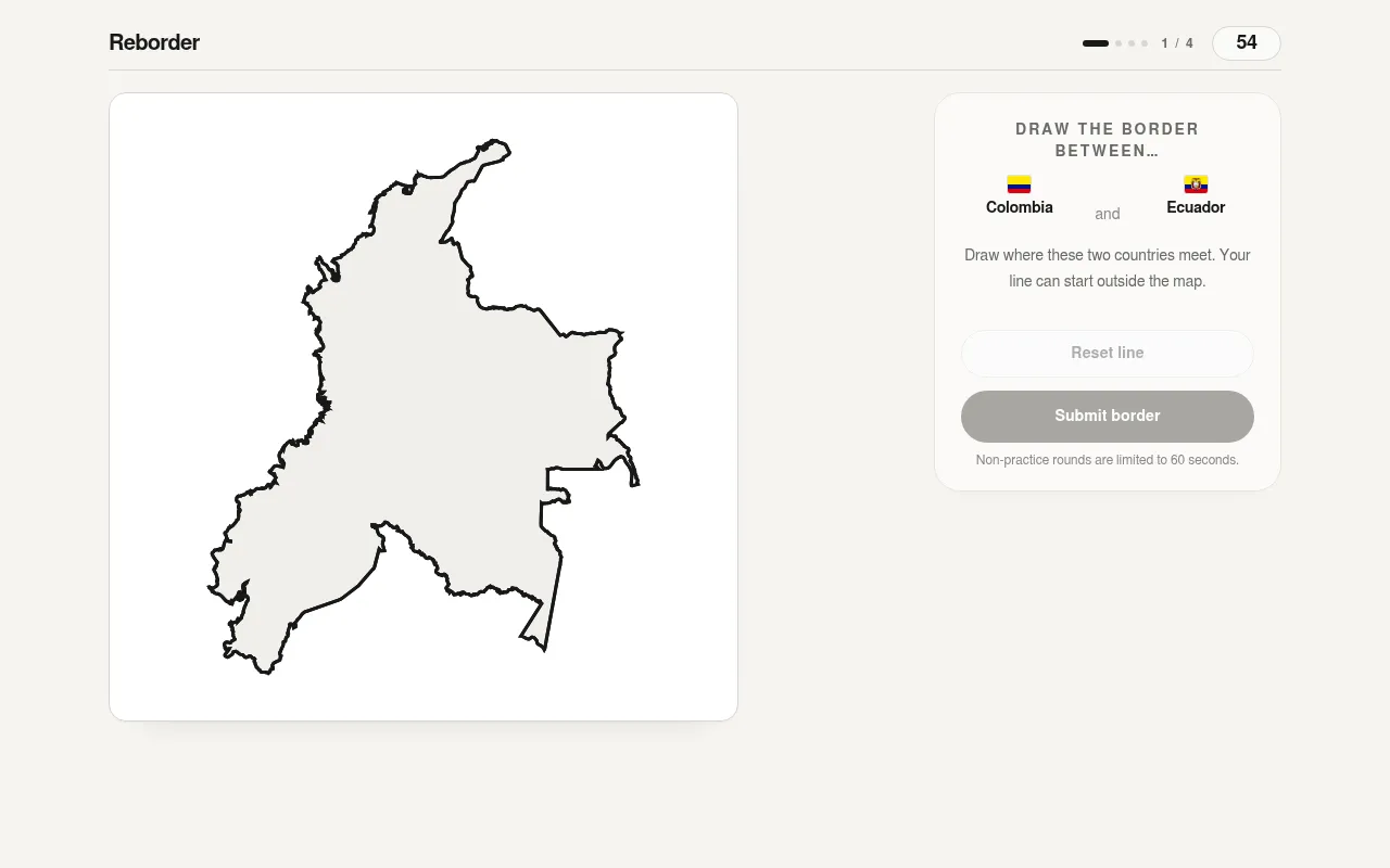 Round 1 of 4 of Reborder's October 18 challenge: the blank joined outline of Colombia and Ecuador, with the timer at 54 seconds and the Submit border button