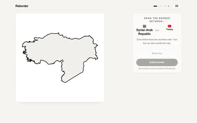 A Reborder round: the blank combined outline of Syria and Turkey, with a panel asking you to draw the border between them and a 60-second timer
