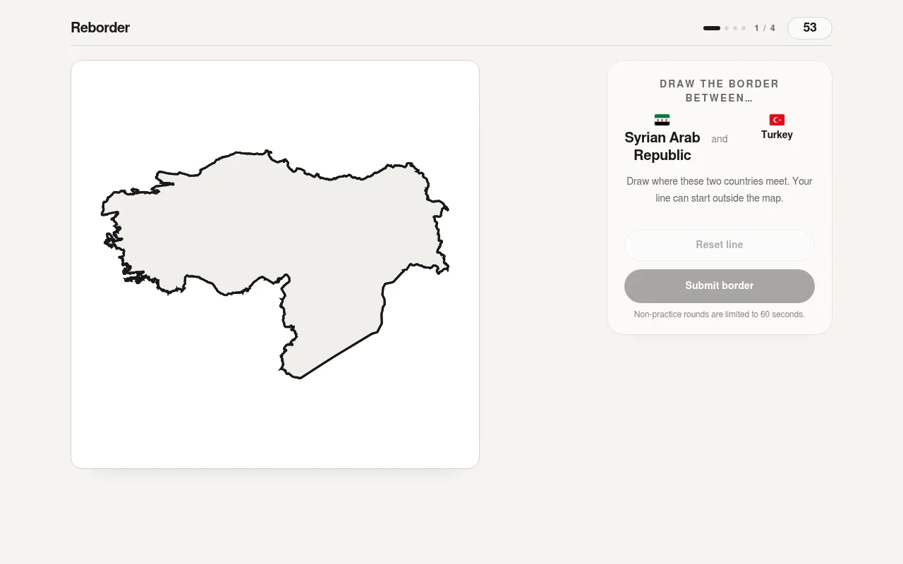 A Reborder round: the blank combined outline of Syria and Turkey, with a panel asking you to draw the border between them and a 60-second timer