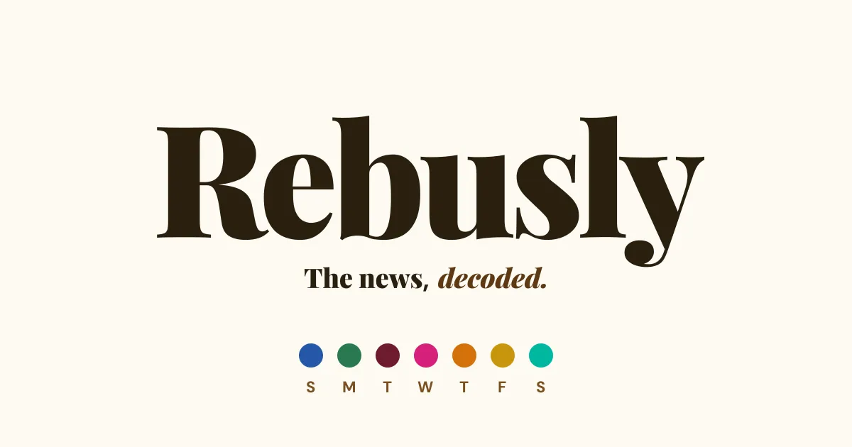 Rebusly's share card: the Rebusly name, The news, decoded, and seven coloured dots for the weekday sections