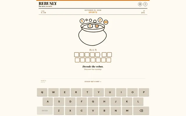 Rebusly No. 201 for 22 October 2026, Sports: letters bubbling out of a cauldron above empty answer boxes for a 5, 2, 7 phrase and an on-screen keyboard
