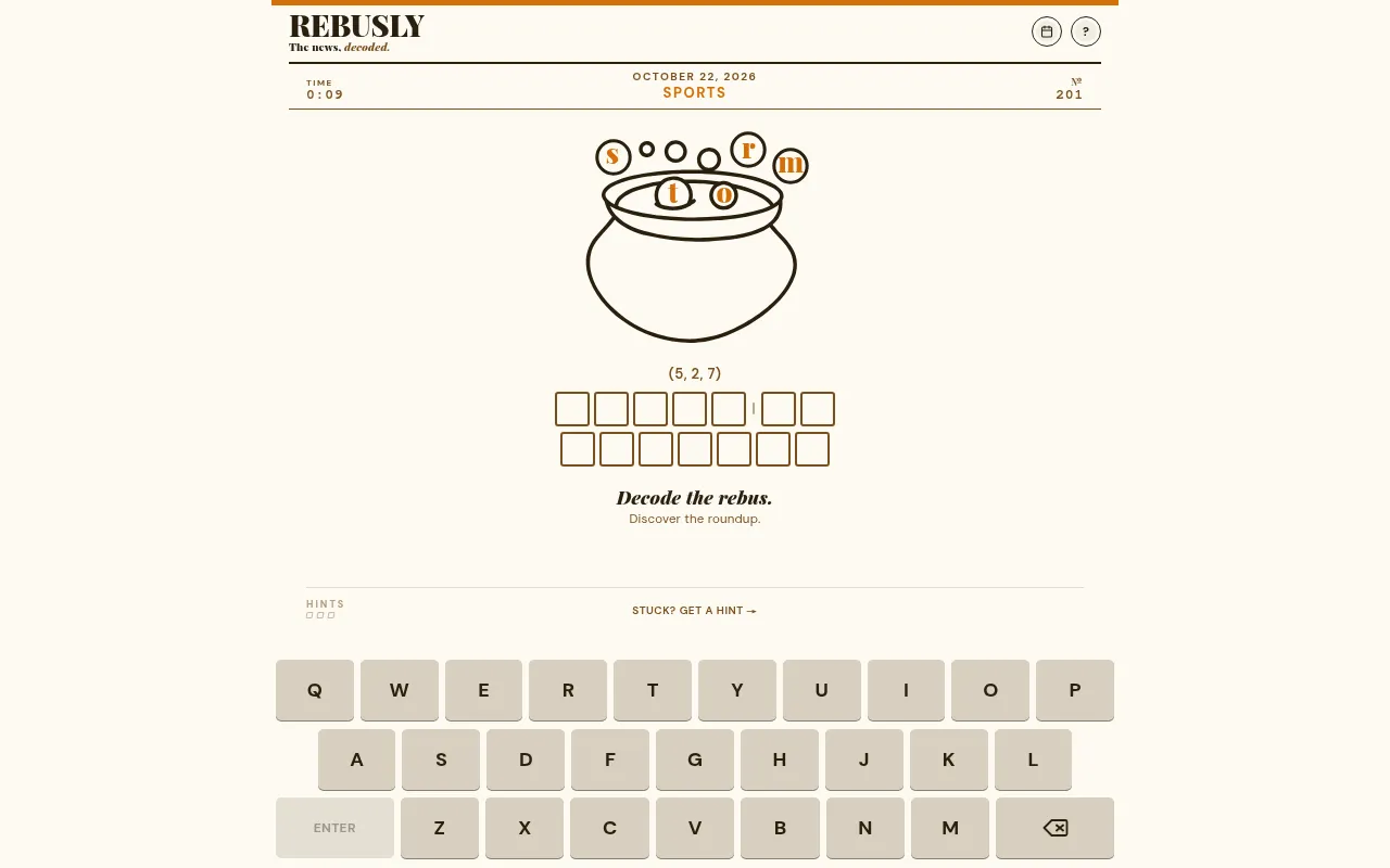 Rebusly No. 201 for 22 October 2026, Sports: letters bubbling out of a cauldron above empty answer boxes for a 5, 2, 7 phrase and an on-screen keyboard